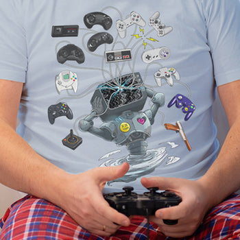 Guy wearing retro video game tshirt of a robot with several retro gaming controllers emerging from its head.