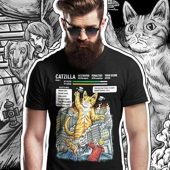 Man with gaming t-shirt depicting a fictitious video game 'Catzilla', where a cute giant cat monster destroys the city.