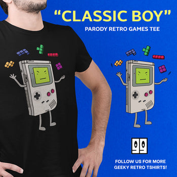 Classic Boy is a funny imagination of a Gameboy with face and limbs, juggling some tetris blocks like a pro. Great for Game Boy collectors and fans.