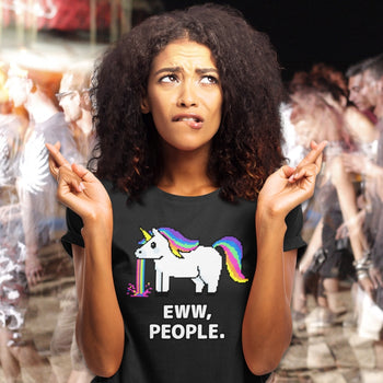 Girl wearing funny social distancing t-shirt with a colorful pixelated unicorn and text saying 'Eww, People.'.
