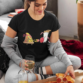 Girl wearing funny gaming t-shirt of a pizza slice fighting a cup of coffee, inspired by Street Fighter.
