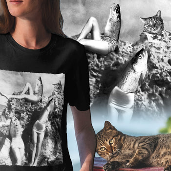 Girl wearing funny shirt for cat lovers, alien enthusiasts or fish fanatics.