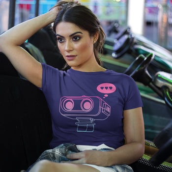 Gamer girl in cute gaming t-shirt of a robot abstract line art (inspired by NES R.O.B.) and 3 pixelated hearts in its mind.
