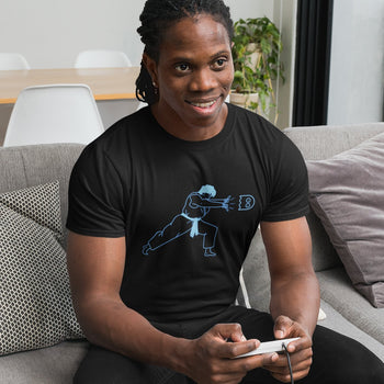 Gamer guy wearing gaming t-shirt with an abstract art of Ryu doing a Hadouken shaped like a Pac-Man Ghost.