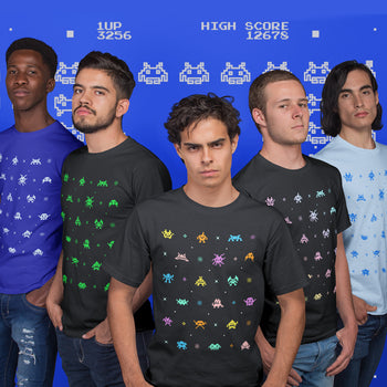 Arcade geeks wearing funny Space Intruders tee, with cute pixelated aliens inspired by the classic Space Invaders game.